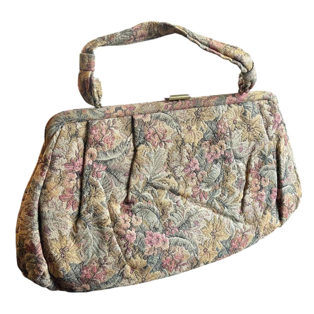 Vintage Floral Tapestry Frame Handbag Pleated Carpet Bag Top Handle Purse